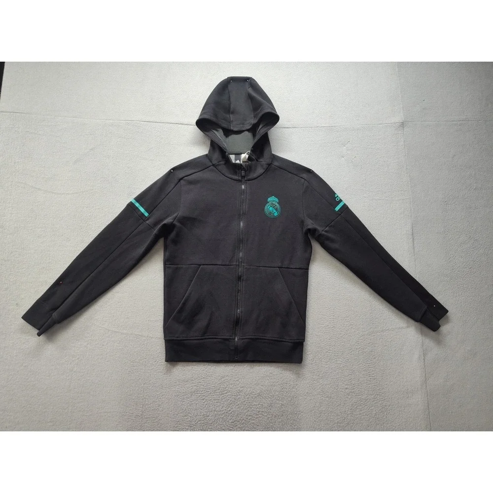 Adidas Real Madrid Full Zip Hoodie Mens Small Black Teal Soccer Jacket